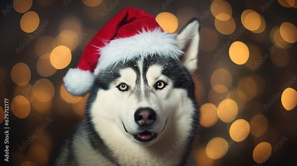 Cool looking siberian husky dog wearing santa hat isolated on blurred bokeh background.