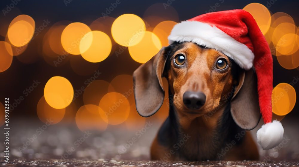 Cool looking dachshund dog wearing santa hat isolated on blurred bokeh background.
