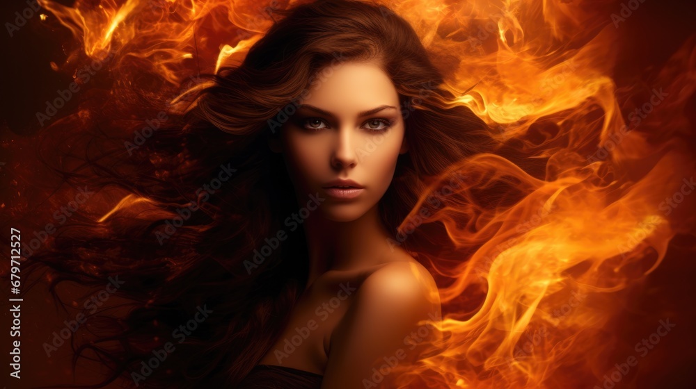Burning Beauty: Brunette Woman's Hair on Fire with Flames in the Background