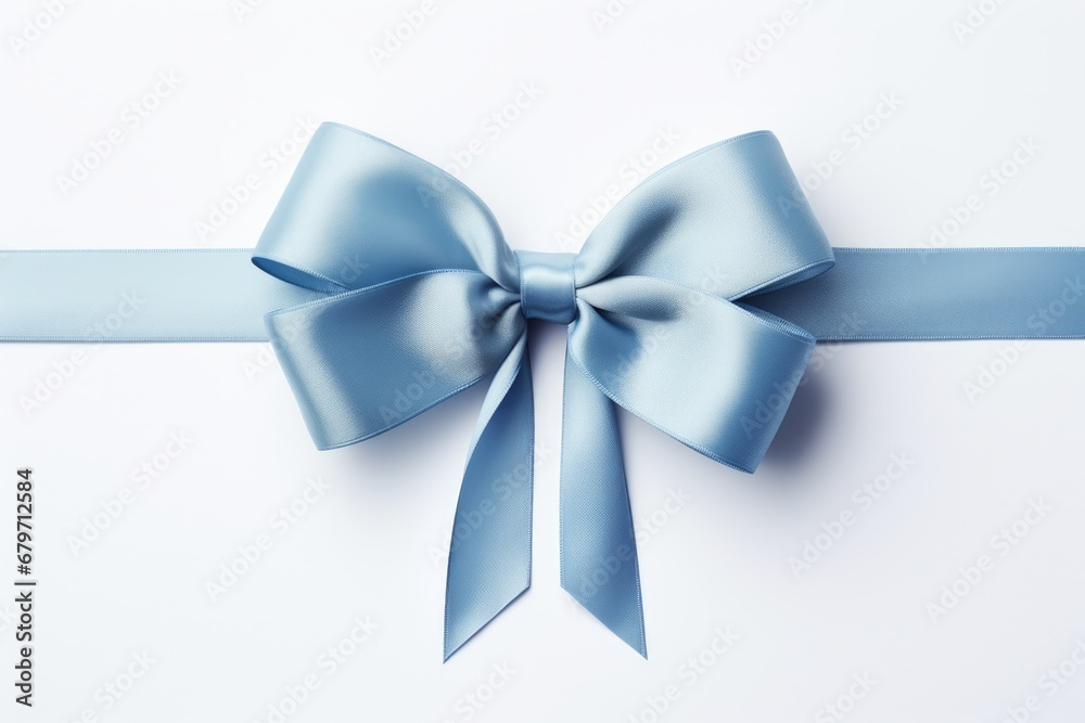 Blue Holiday Bow Gift Package on White Background with Top View and Copy Space for Note