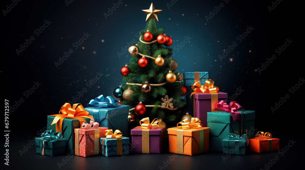 Beautiful colorful gift boxes with ribbon bow beside christmas tree isolated on dark background.