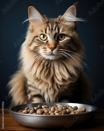 Portrait of a fluffy cat sitting in front of a bowl of cat food on a dark blue background
