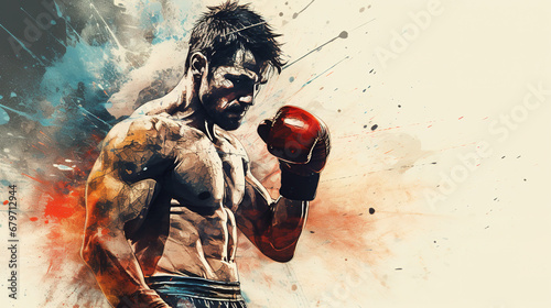 Cool looking boxer punching in mixed grunge colors style illustration. photo
