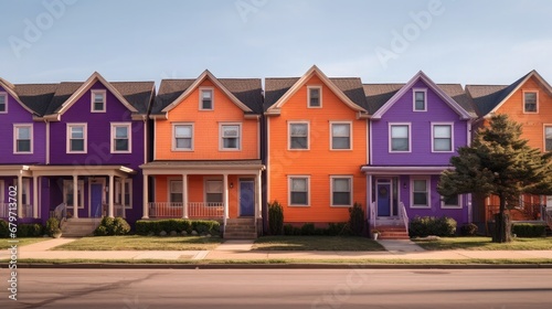 Colorful Houses on Suburban Neighborhood Street on a Sunny Day