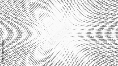 Halftone letter binary code pattern forming rays. Coding language symbols forming a sun rays. Artificial intelligence technology futuristic background.