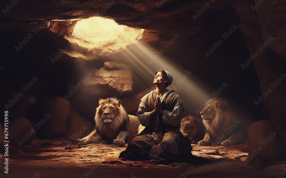 Daniel in the Lions' Den - Supernatural Shield: Daniel's Serenity Amidst the Lions - Heavenly Refuge: Daniel's Hands Clasped in the Lions' Den - obrazy, fototapety, plakaty 