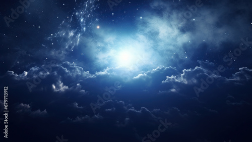 Stars in the night sky. Fluffy volumetric clouds at night against a dark blue sky with stars background. Background night sky with stars and clouds.