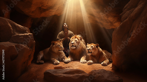 Daniel in the Lions' Den - Luminous Faith: Daniel's Prayerful Encounter with the Lions - The Prayerful Warrior: Daniel's Confrontation with the Lions Illuminated photo
