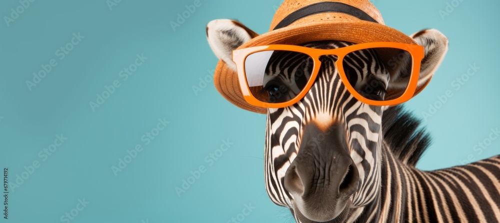 Stylish zebra with sunglasses and hat, travel concept on pastel background with copy space Stylish zebra with sunglasses and hat, travel concept on pastel background with copy space