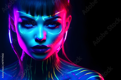 Fashion Surreal Concept. Closeup portrait of stunning girl portrait with abstract  graphic highlighters rainbow ultra-bright neon lines . dynamic dramatic composition  advertisement  copy space
