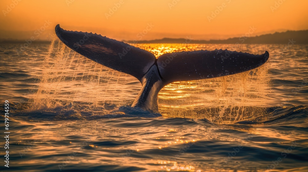 Fototapeta premium Southern Right Whale (Eubalaena australis) fluking at sunset