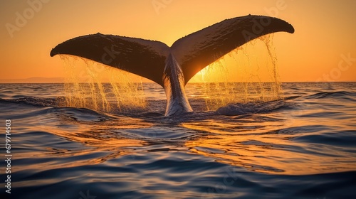 Southern Right Whale (Eubalaena australis) fluking at sunset photo