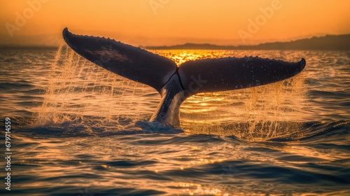 Southern Right Whale (Eubalaena australis) fluking at sunset © Thuch