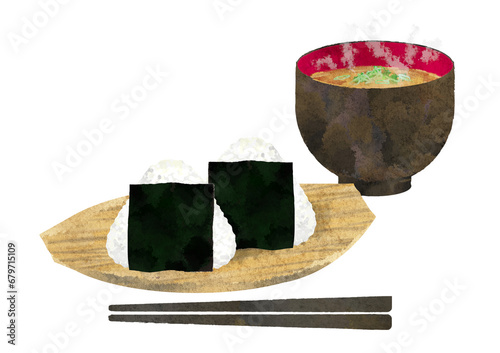 水彩で描いたおにぎりとお味噌汁のセットイラスト　湯気あり