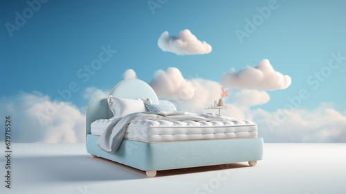 3D image of queen bed floating on the clouds. Fantasy and dream concepts.