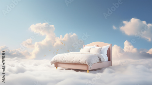 3D image of queen bed floating on the clouds. Fantasy and dream concepts.