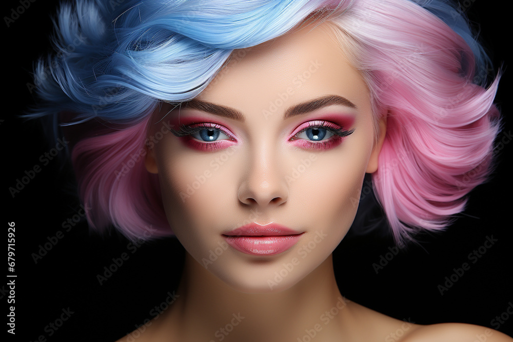 Explore the allure of a beautiful woman face adorned with stunning blue and pink hair, an ideal photo for makeup and skincare product promotion. Ai generated Explore the allure of a beautiful woman face adorned with stunning blue and pink hair, an ideal photo for makeup and skincare product promotion. Ai generated