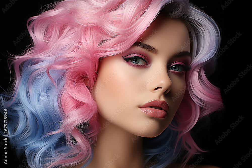 Explore the allure of a beautiful woman face adorned with stunning blue and pink hair, an ideal photo for makeup and skincare product promotion. Ai generated Explore the allure of a beautiful woman face adorned with stunning blue and pink hair, an ideal photo for makeup and skincare product promotion. Ai generated