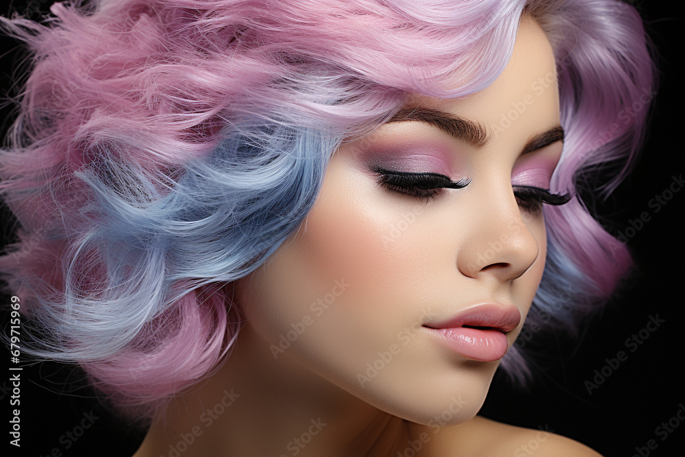 Explore the allure of a beautiful woman face adorned with stunning blue and pink hair, an ideal photo for makeup and skincare product promotion. Ai generated Explore the allure of a beautiful woman face adorned with stunning blue and pink hair, an ideal photo for makeup and skincare product promotion. Ai generated