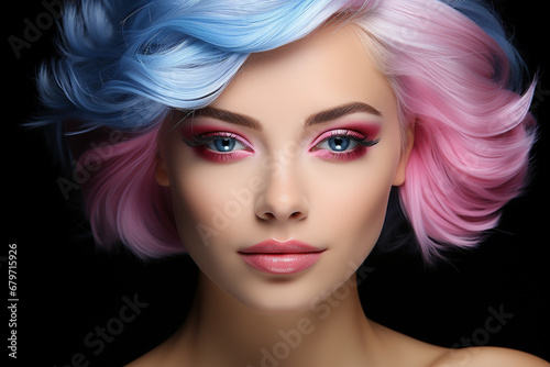 Explore the allure of a beautiful woman face adorned with stunning blue and pink hair, an ideal photo for makeup and skincare product promotion. Ai generated