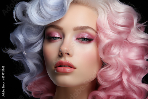 Explore the allure of a beautiful woman face adorned with stunning blue and pink hair  an ideal photo for makeup and skincare product promotion. Ai generated