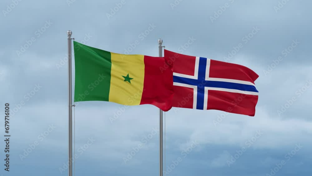 Norway flag and Senegal flag waving together on cloudy sky, endless seamless loop, two country relations concept Norway flag and Senegal flag waving together on cloudy sky, endless seamless loop, two country relations concept