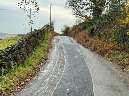 Swartha Lane, with wild plants, dry stone walls, trees, and distant hills near, Silsden, UK photo