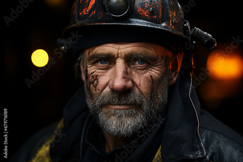 A gritty portrait capturing the essence of a coal miner, adorned with a sturdy helmet, in the challenging depths of the mining world. Ai generated © dragomirescu