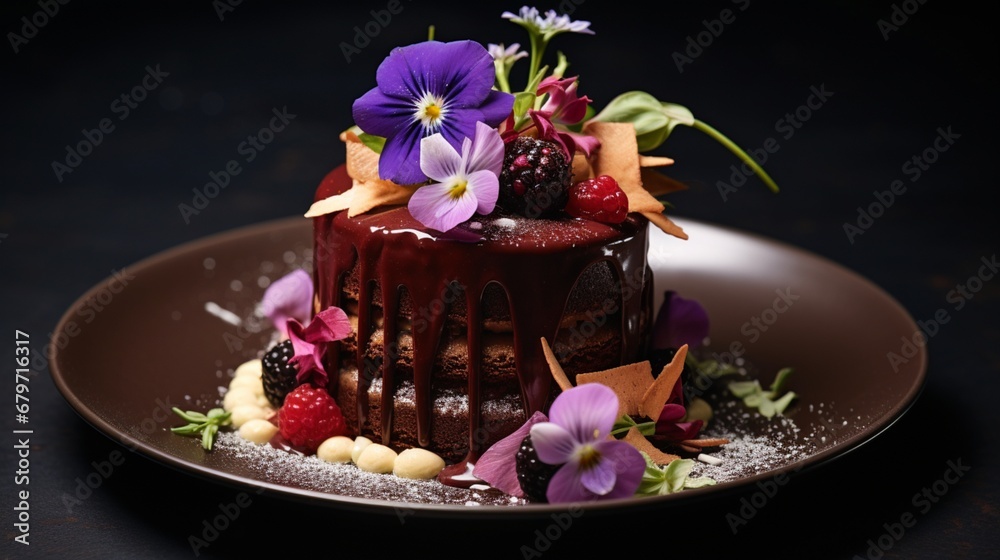 dessert experience with an image of a decadent chocolate cake, exquisitely crafted with rich ganache and adorned with edible flowers