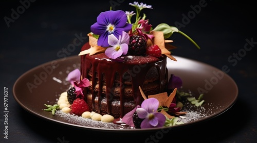 dessert experience with an image of a decadent chocolate cake  exquisitely crafted with rich ganache and adorned with edible flowers