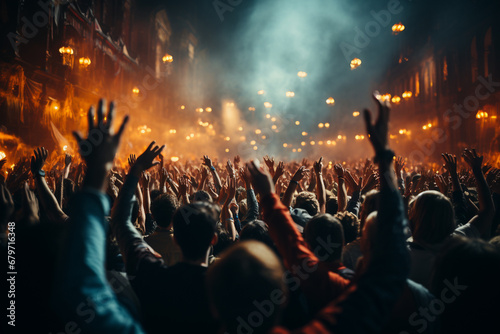 A vibrant scene capturing the energy of a large audience  joyously waving their hands in sync with the music at a lively concert. Ai generated