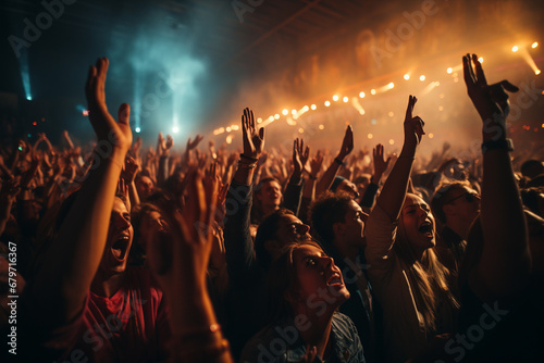A vibrant scene capturing the energy of a large audience, joyously waving their hands in sync with the music at a lively concert. Ai generated