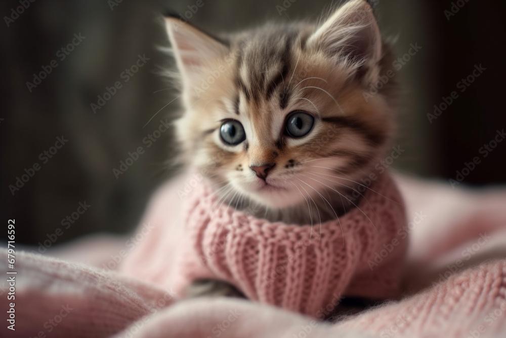 Adorable feline fashion statement featuring a sweet kitty cat in a charming pink sweater. Ai generated