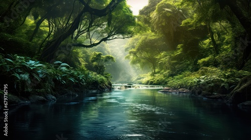  a painting of a river running through a lush green forest filled with lots of trees and greenery on both sides of the river.