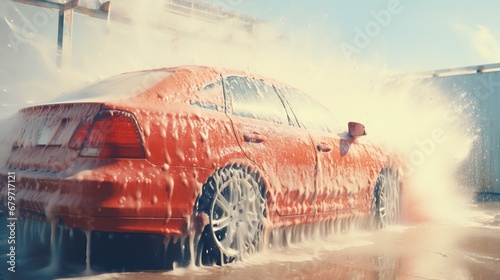 Generative AI, car wash with foam soap, high pressure vehicle washer machine sprays foam, self service photo