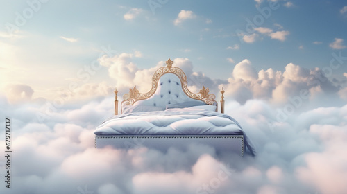 3D image of queen bed floating on the clouds. Fantasy and dream concepts.