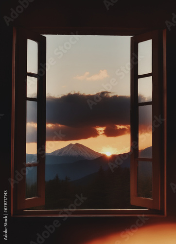 tramonto su un paesaggio di montagne e colline visto attraverso una finestra