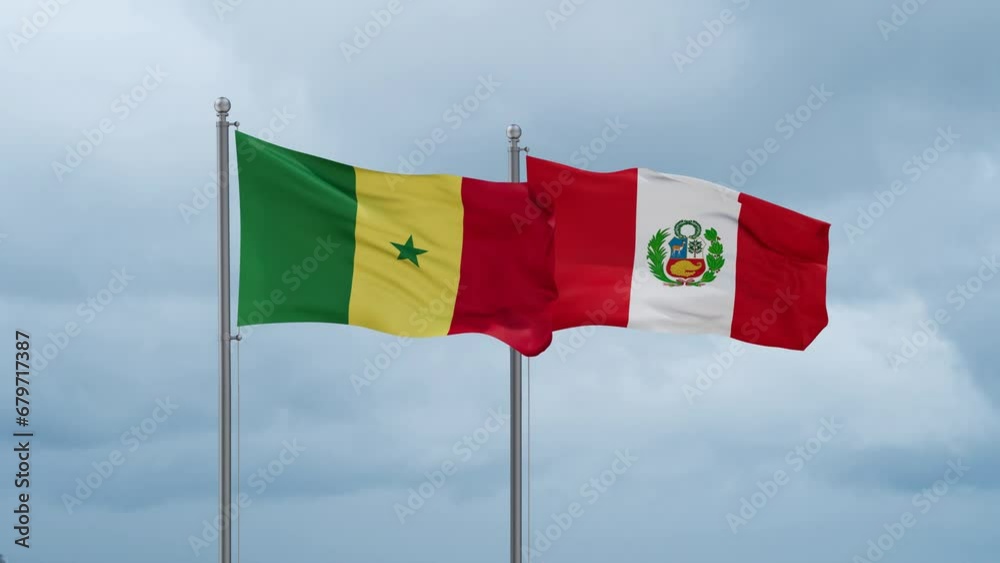 Peru and Senegal flag waving together on cloudy sky, endless seamless loop, two country cooperation concept Peru and Senegal flag waving together on cloudy sky, endless seamless loop, two country cooperation concept