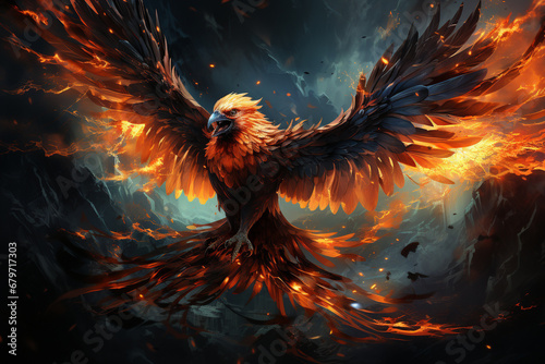  Captivating visual representation of the mythical phoenix  a symbol of rebirth and renewal  engulfed in mesmerizing flames. Ai generated