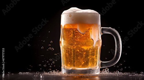cold mug with beer, with overflowing foam, on wooden table and dark background wish space photo