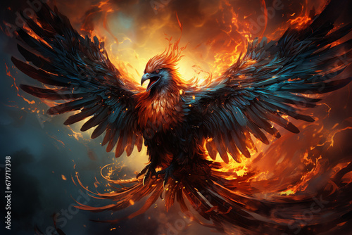  Captivating visual representation of the mythical phoenix, a symbol of rebirth and renewal, engulfed in mesmerizing flames. Ai generated