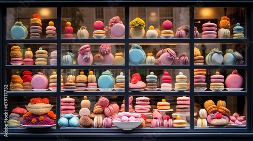 the essence of a bakery window, showcasing an array of colorful macarons, cookies, and petit fours, expertly arranged for a visual feast photo