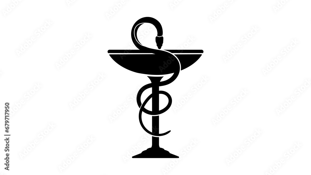 Pharmacies logo, snake and cup, black isolated silhouette Pharmacies logo, snake and cup, black isolated silhouette