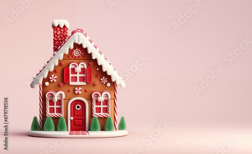 cute gingerbread cottage house on plain pink studio background with copy space
