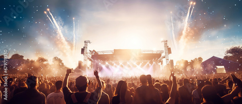 Music concert,festival, open air background.stage with searchlight, colorful confetti, bokeh. instrumental music.Cheering crowd with raised hands.Silhouette of people in front the scene.Generative ai. photo