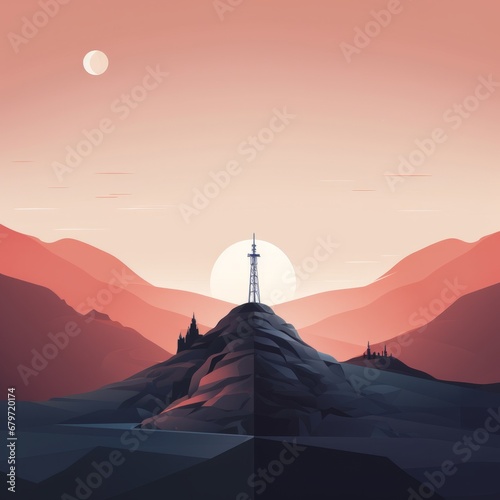 sunset over the mountains with a tower