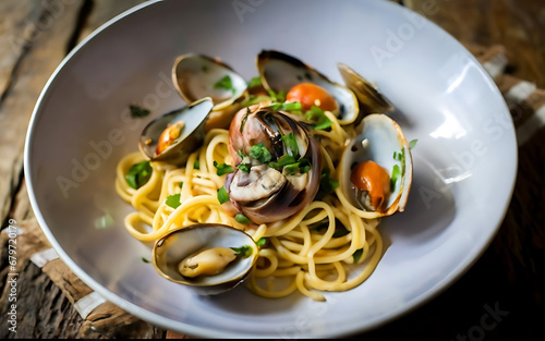Capture the essence of Spaghetti Alle Vongole in a mouthwatering food photography shot Generative AI