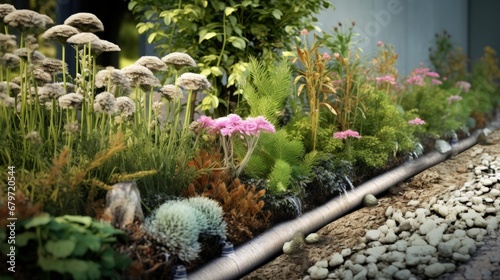 A diagrammatic 3D illustration of a Rain Garden drainage system. Rainwater run-off is diverted from the gutters into an underground pipe to a small retention garden area where it is absorbed. photo