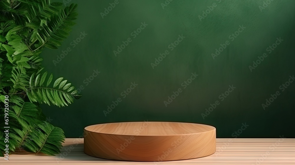 Wood podium presentation mock up for product presentation on green wall.3d rendering Wood podium presentation mock up for product presentation on green wall.3d rendering