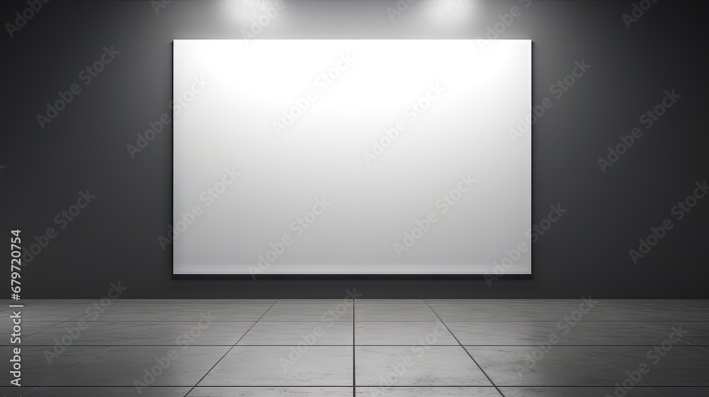 Front view on blank white billboard with place for your text or logo in the center of empty room with glossy floor and dark grey wall background. 3D rendering, mockup Front view on blank white billboard with place for your text or logo in the center of empty room with glossy floor and dark grey wall background. 3D rendering, mockup